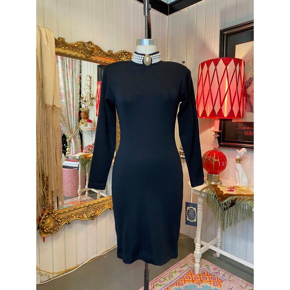 1980s black wool bandage dress backless beaded mock neck ruched 80s body con med - Picture 9 of 11